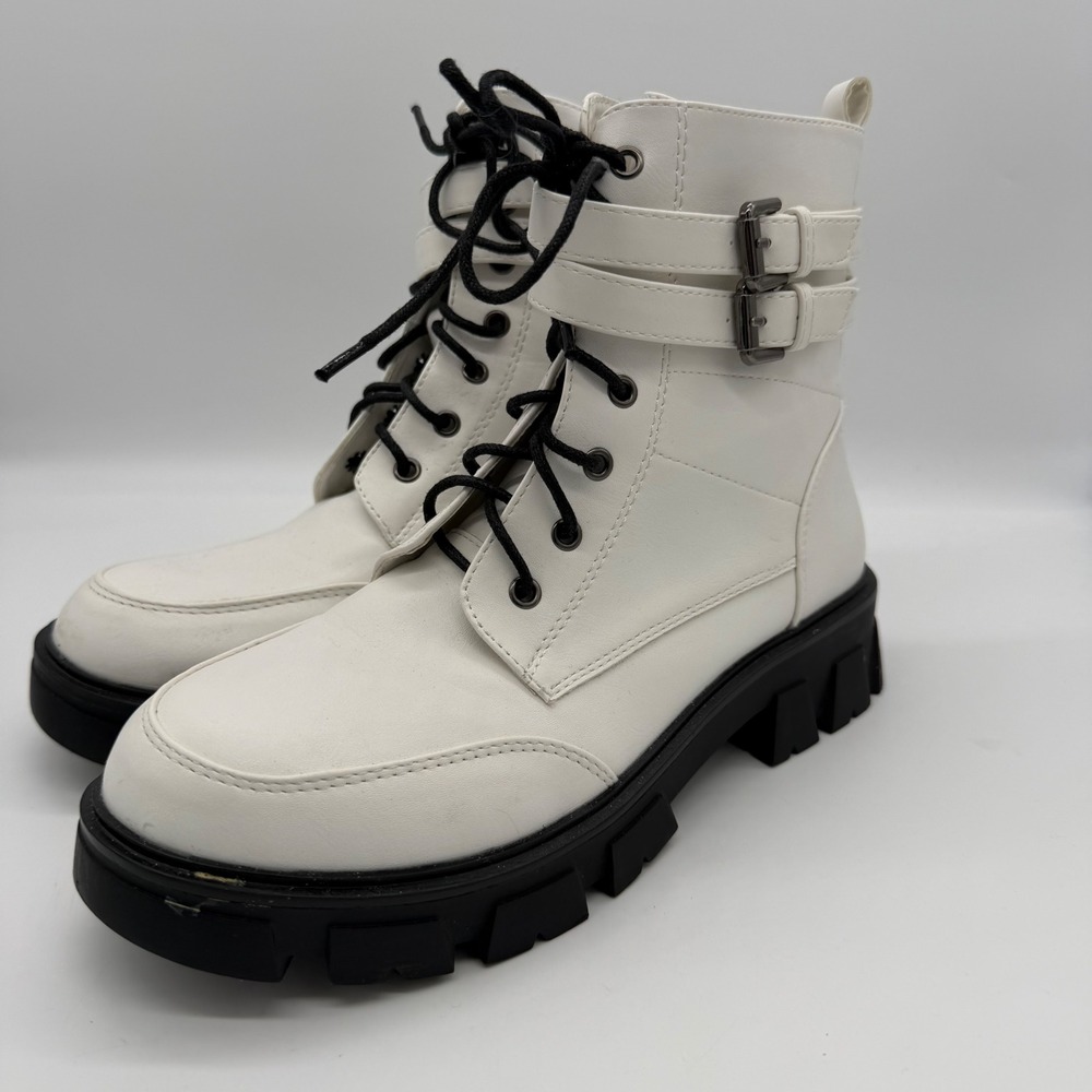 White Faux Leather Combat Boots WELL-4 Chunky Lug Sole Buckle Straps 7.5